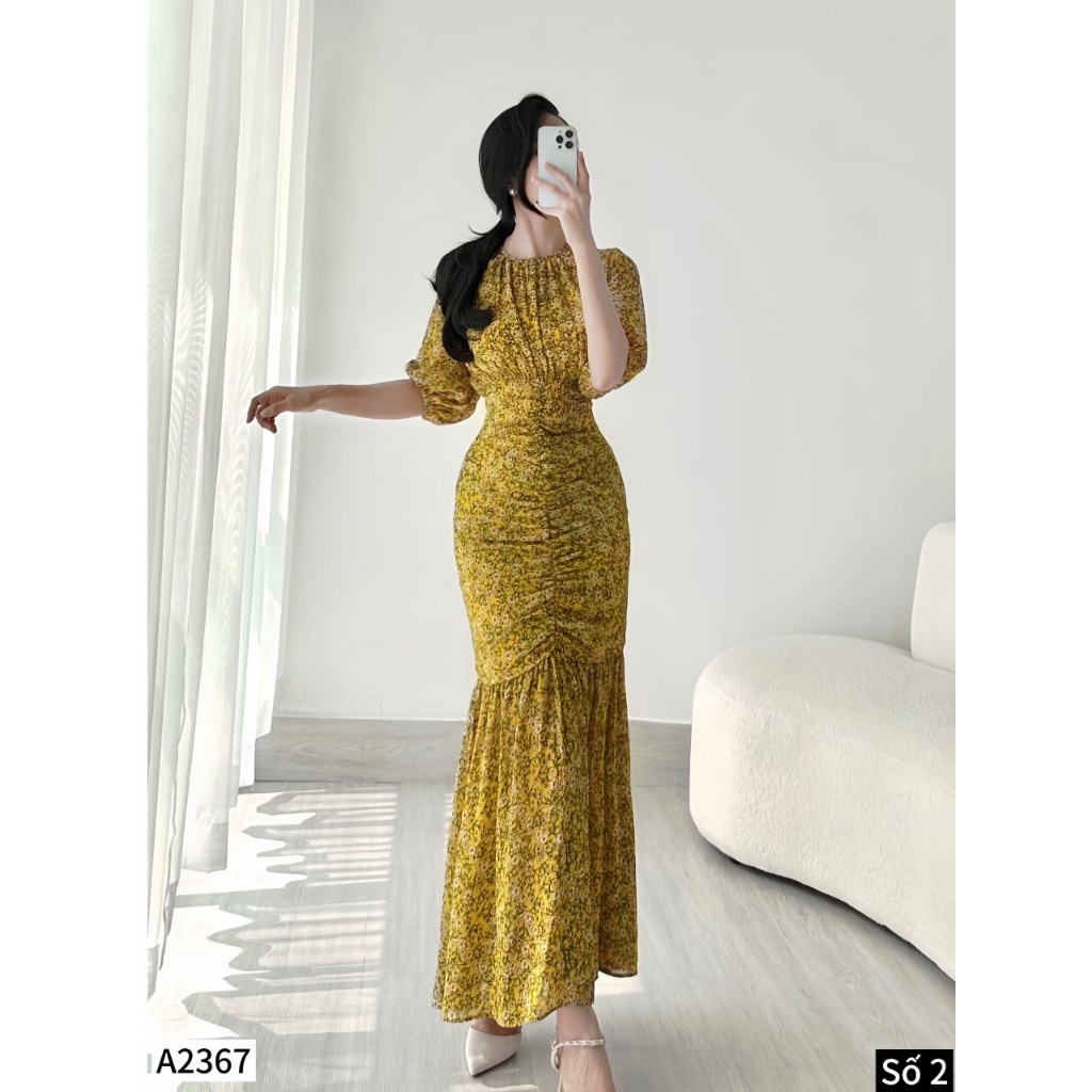 Đầm maxi đuôi cá 2 màu hoa đỏ, vàng A2367