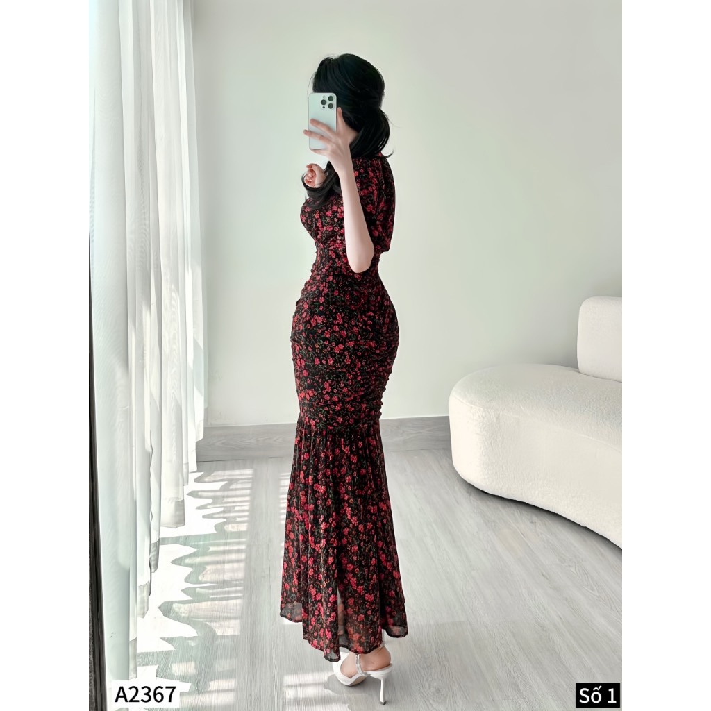 Đầm maxi đuôi cá 2 màu hoa đỏ, vàng A2367