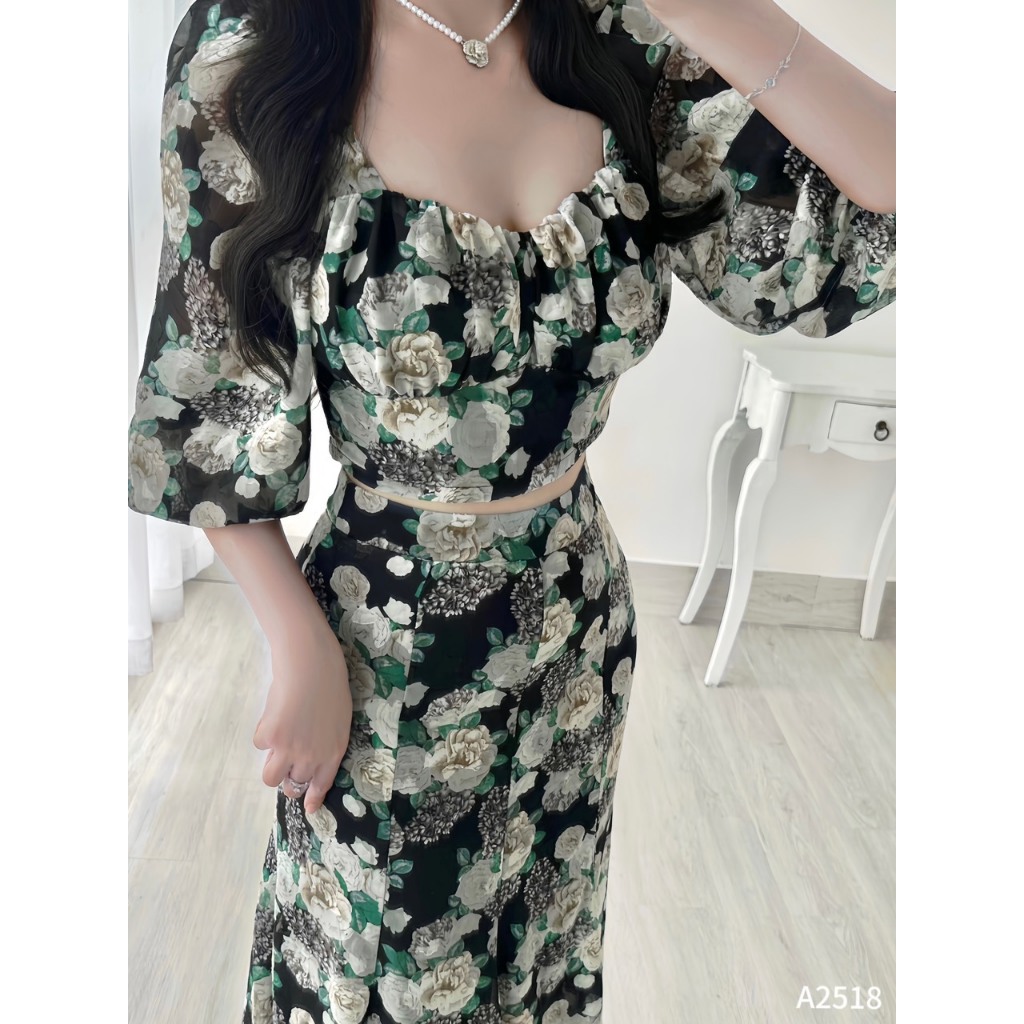 Set bộ tơ ép xanh hồng 2 lớp cổ vuông phối chân váy midi dáng dài đuôi cá A2518