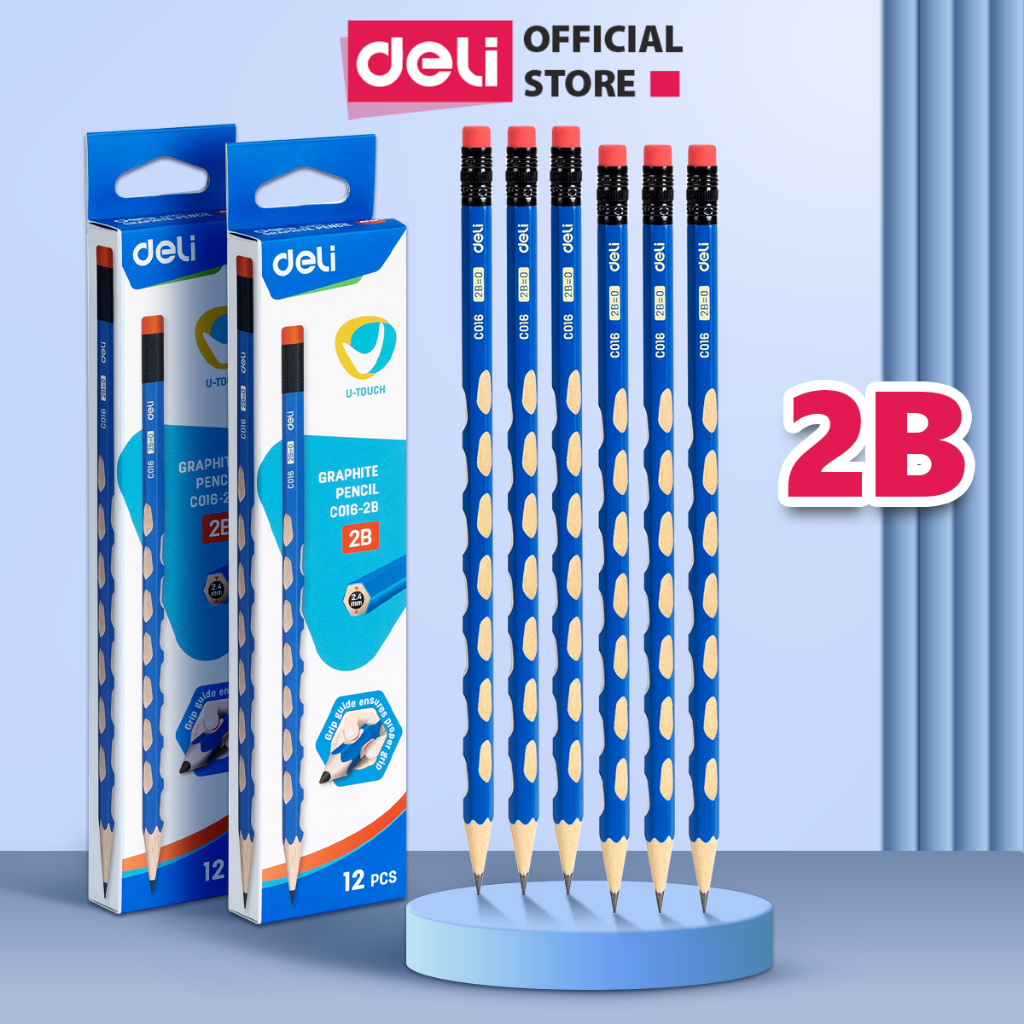 Hộp 12 Cây Bút chì định vị lục giác Graphite Pencil 2B/HB Deli - Thân gỗ mềm, Dễ gọt, Kèm đầu tẩy tiện dụng