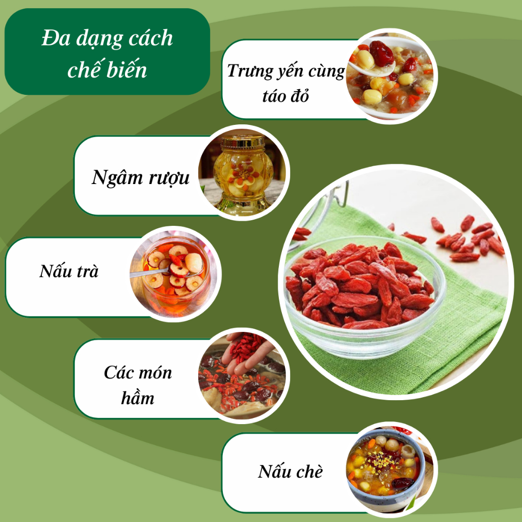 Combo táo đỏ nhược khương size trung Wakamono Organic 200 - 220 quả/kg, hắc kỷ tử, kỷ tử đỏ.