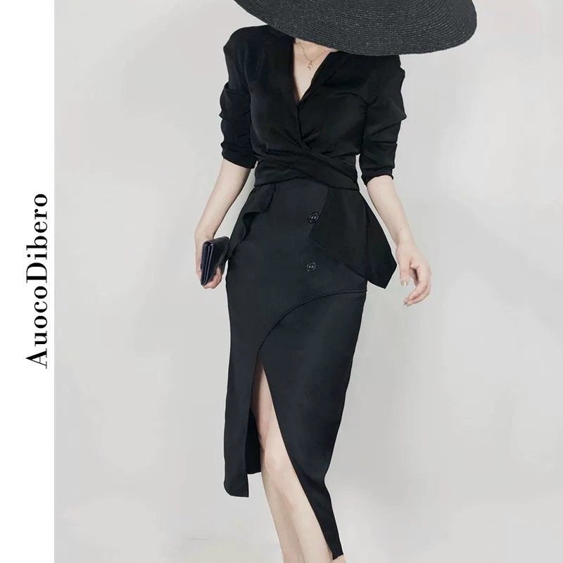 Đầm lụa satin cổ vest 1 màu đen A1227