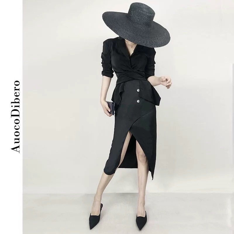 Đầm lụa satin cổ vest 1 màu đen A1227