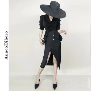 Đầm lụa satin cổ vest 1 màu đen A1227