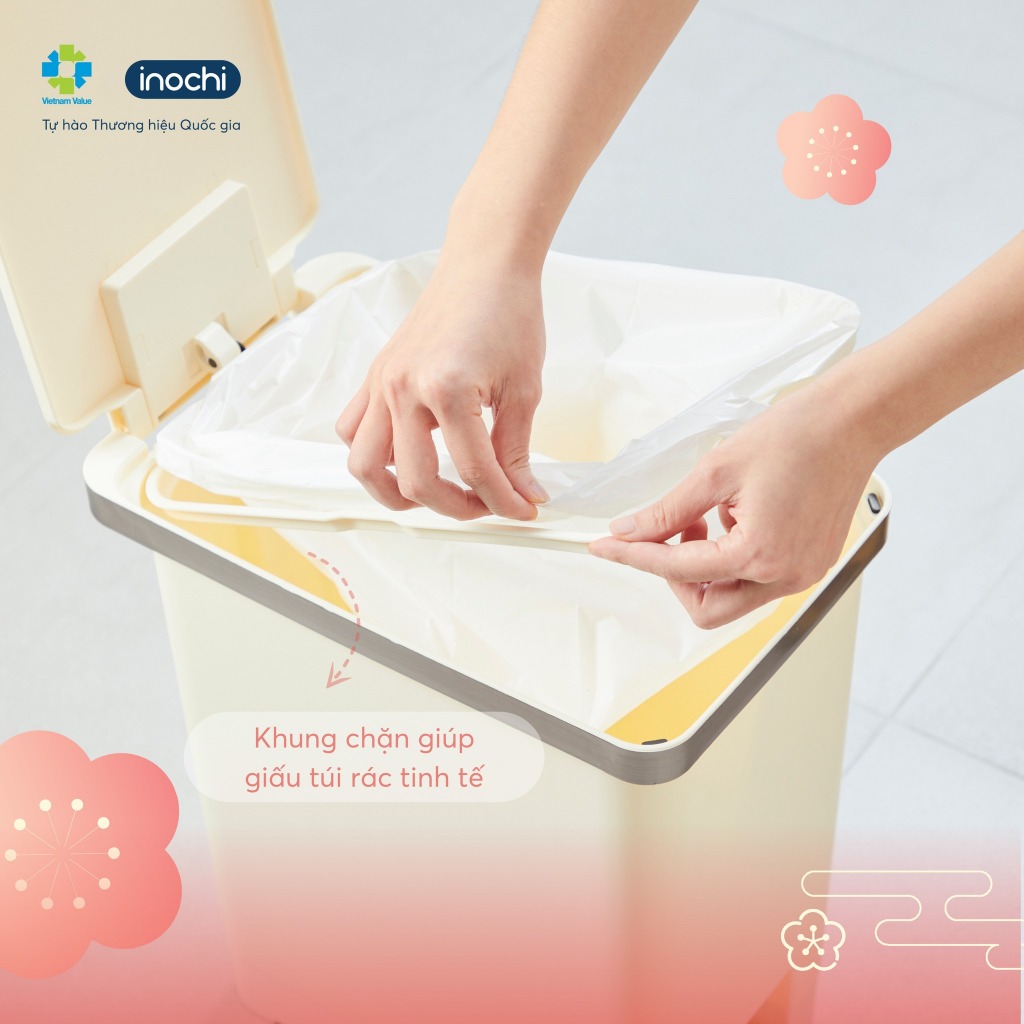 Thùng rác HANA 10L-15L-20L đạp chân, nhựa PP an toàn, inox 410, màu sắc trang nhã (KHÔNG kèm lõi)