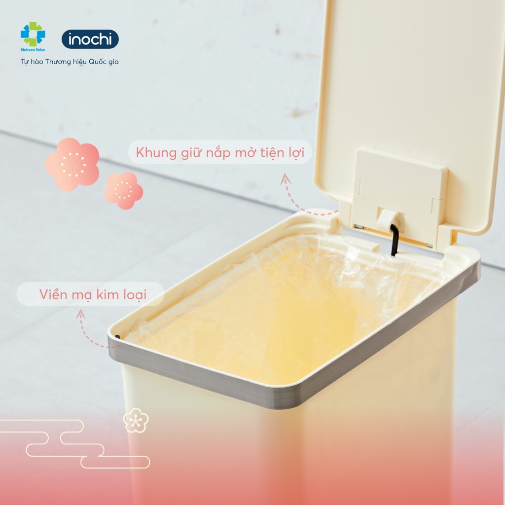 Thùng rác HANA 10L-15L-20L đạp chân, nhựa PP an toàn, inox 410, màu sắc trang nhã (KHÔNG kèm lõi)