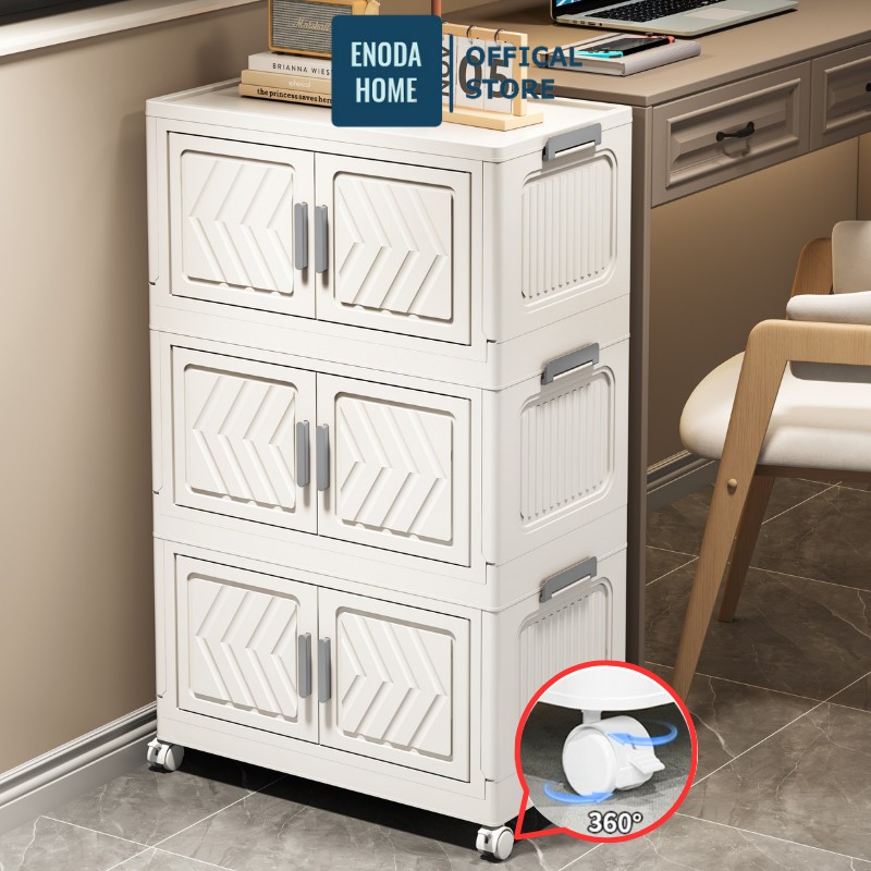 Tủ Nhựa Trắng Đựng Đồ ENODA HOME, Tủ Đựng Đồ, Đựng Quần Áo Có Bánh Xe. Cửa Trắng Kín Đáo TUN047