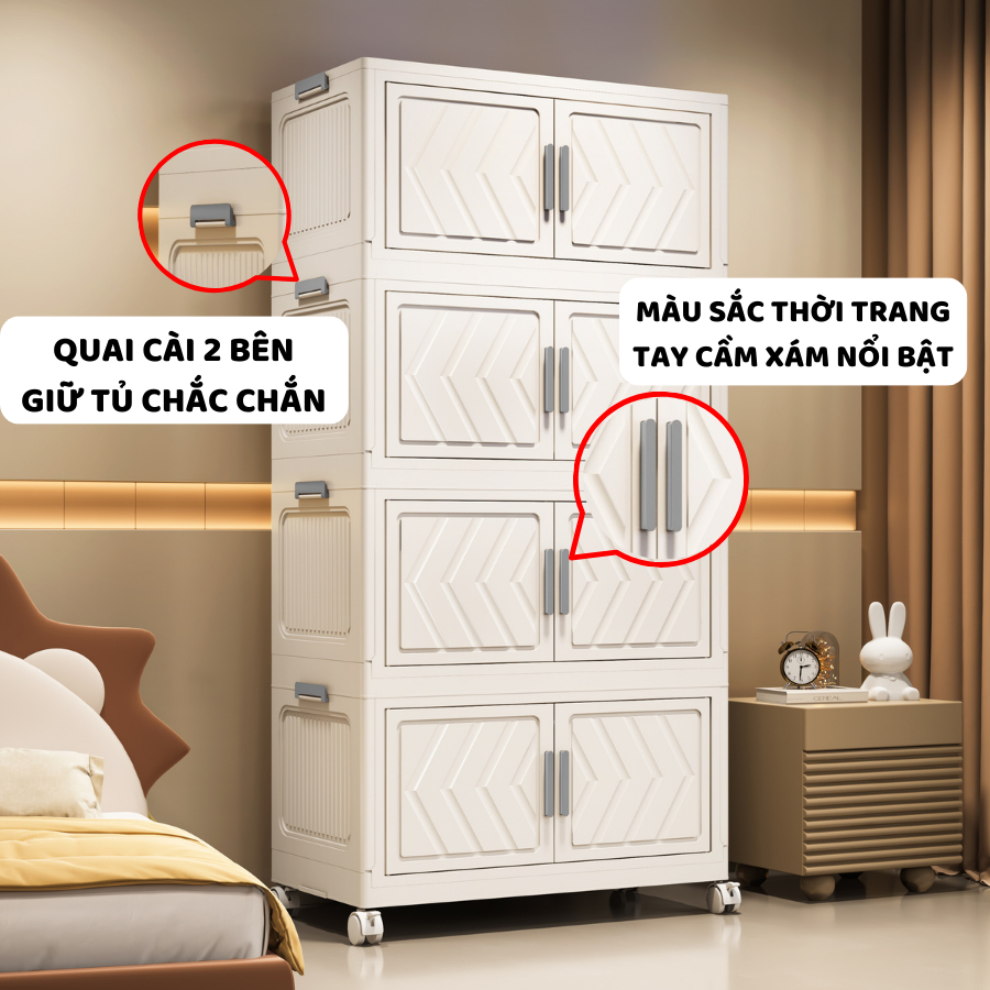 Tủ Nhựa Trắng Đựng Đồ ENODA HOME, Tủ Đựng Đồ, Đựng Quần Áo Có Bánh Xe. Cửa Trắng Kín Đáo TUN047