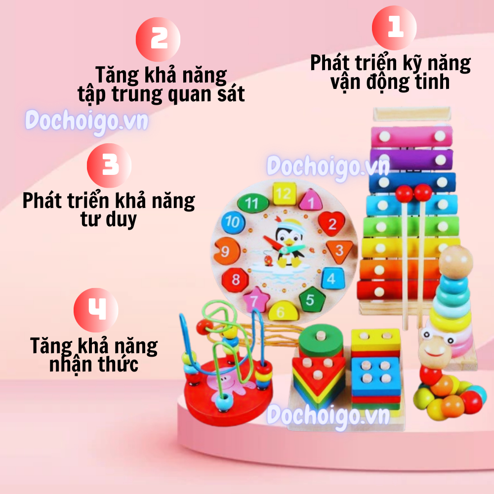 Đồ chơi phát triển trí tuệ cho bé combo 6 món đồ chơi gỗ cho trẻ từ 1- 6 tuổi thông minh
