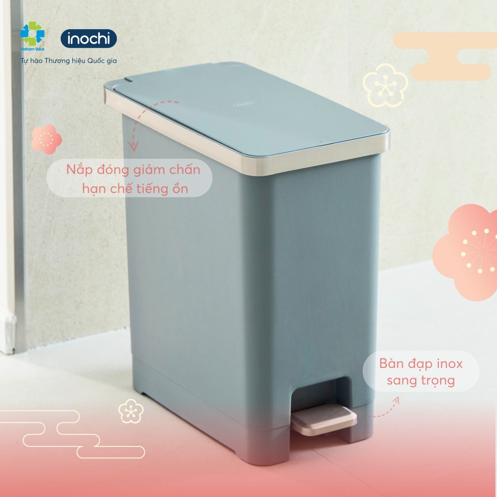 Thùng rác HANA 10L-15L-20L đạp chân, nhựa PP an toàn, inox 410, màu sắc trang nhã (KHÔNG kèm lõi)