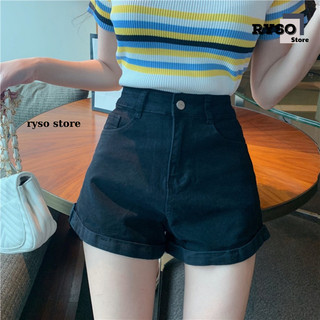 Quần Short Đùi Nữ Kaki Giả Jeans Lưng Cao Ống Gập Form Ôm Co Giãn Màu Đen Trắng QU01 RYSO STORE