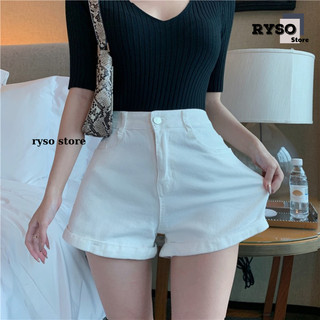 Quần Short Đùi Nữ Kaki Giả Jeans Lưng Cao Ống Gập Form Ôm Co Giãn Màu Đen Trắng QU01 RYSO STORE