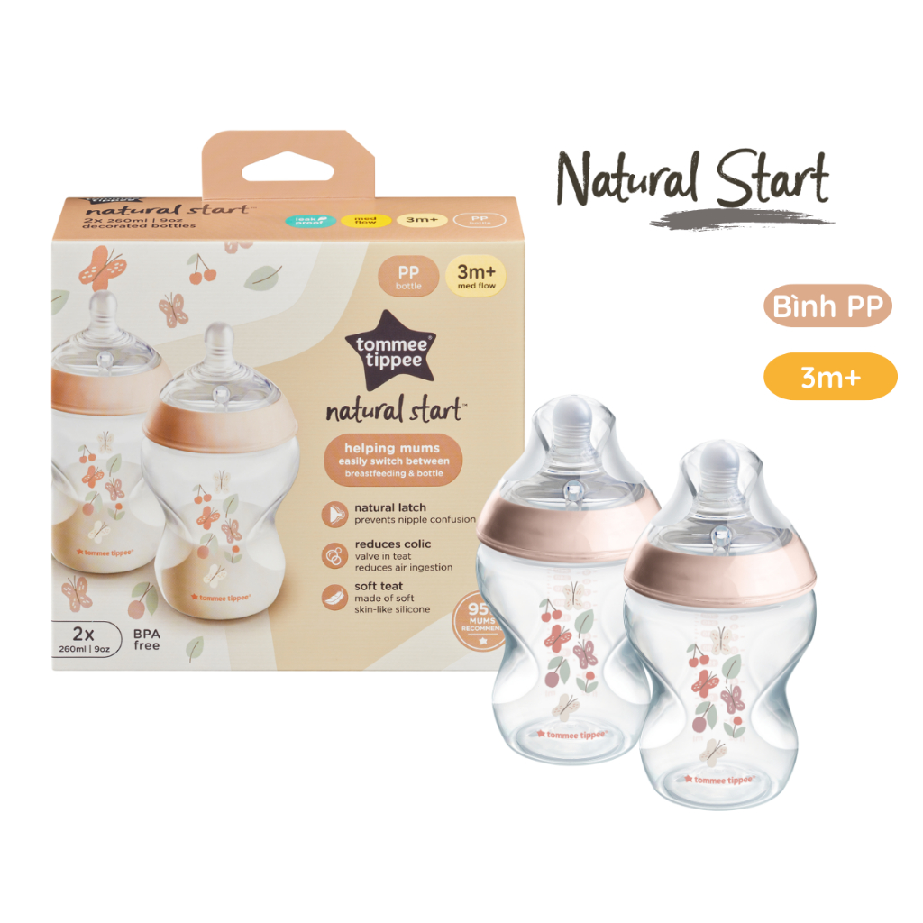 Ảnh Bình Sữa PP Ty Siêu Mềm Tự Nhiên Tommee Tippee Natural Start 260ml, Núm Ty Của Bình 3-6 Tháng, Hồng (Bình Đôi, Tách Lẻ) 1