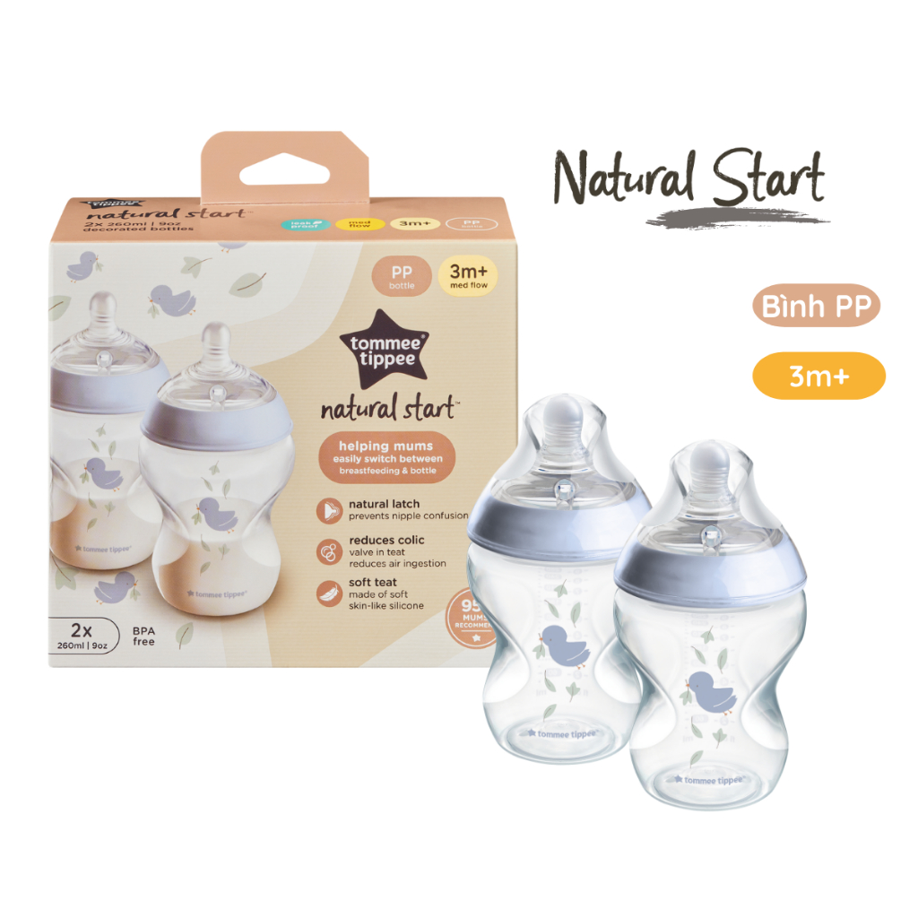Ảnh Bình Sữa PP Ty Siêu Mềm Tự Nhiên Tommee Tippee Natural Start 260ml, Núm Ty Của Bình 3-6 Tháng, Xanh (Bình Đôi, Tách Lẻ) 1