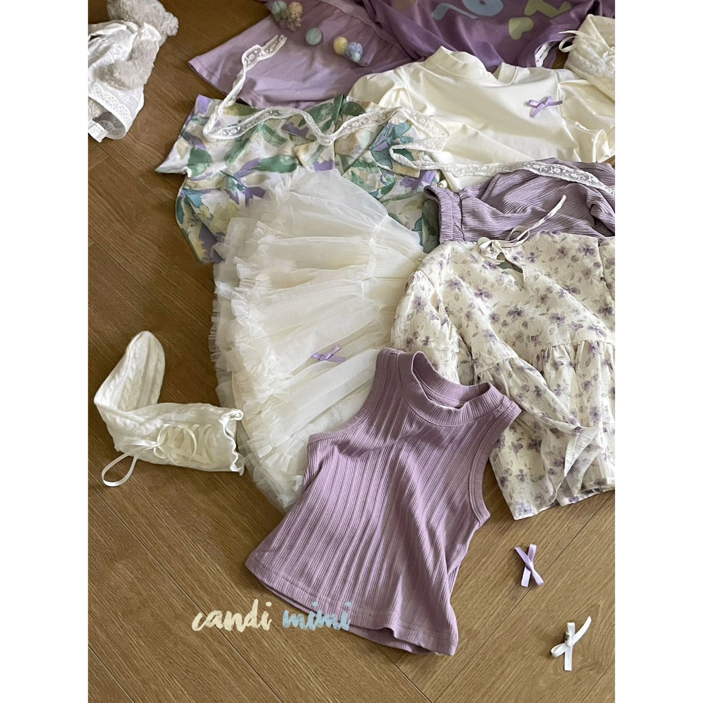 CANDIMIMI Áo Phông Kẻ Cotton Tay Voan Trắng Hạt Bông Dễ Thương Cho Bé Gái -  Phong Cách Hàn Quốc