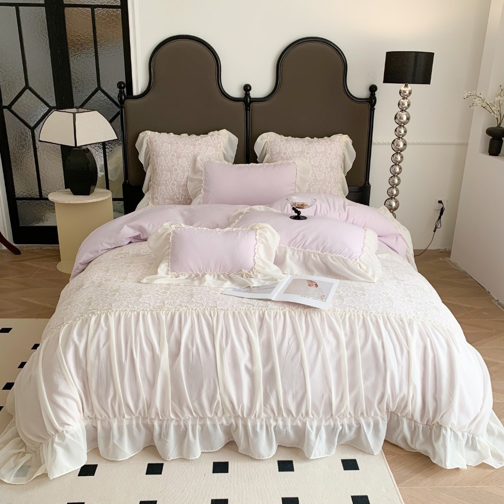 Bộ chăn ga gối phủ bèo phối ren HA_bedding ,set chăn ga gối đũi mềm mịn ...