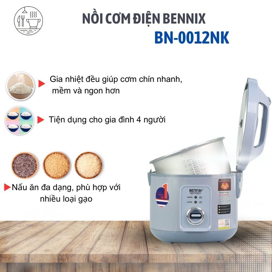 Nồi cơm điện Mini Bennix BN - 12NK ,dung tích 1,2L,chống dính siêu bền, bảo hành 2 năm