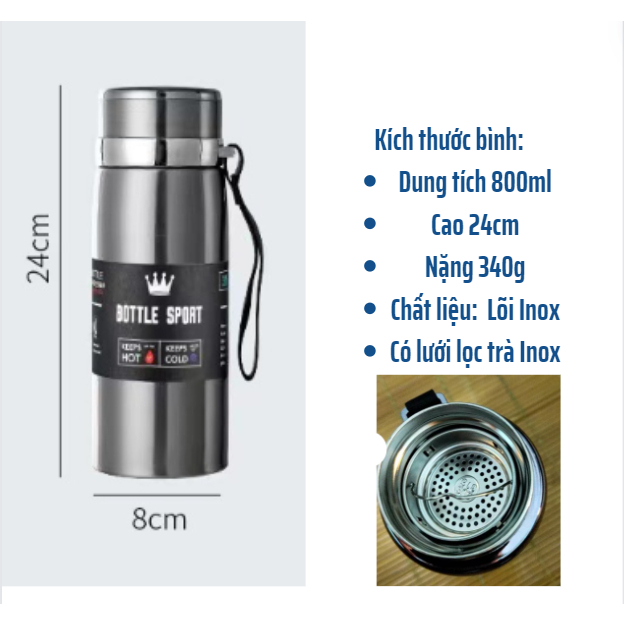 Bình Giữ Nhiệt Inox Cao Cấp Giữ Nhiệt Nóng Lạnh 5-8 tiếng, Chất Liệu Inox Dày Dung Tích 800ML