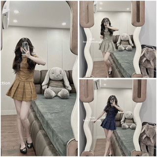 Sét áo cộc barbie loang + chân váy xếp li to cạp gen bụng (sale)
