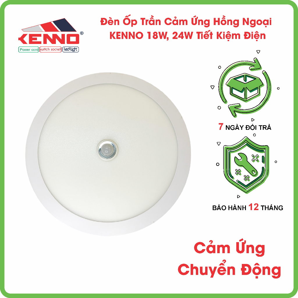 Đèn ốp trần led KENNO tròn cảm ứng chuyển động hồng ngoại OPTCM 18W, 24W ánh sáng trắng
