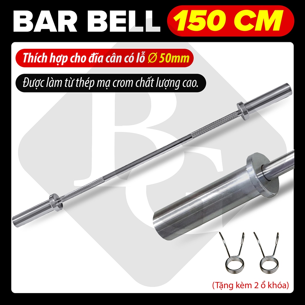Ảnh BG - Dài 1.5m,phù hợp với bánh tạ phi 25-50mm Thanh đòn , tạ đòn thép đặc mạ crom chất lượng cao 2