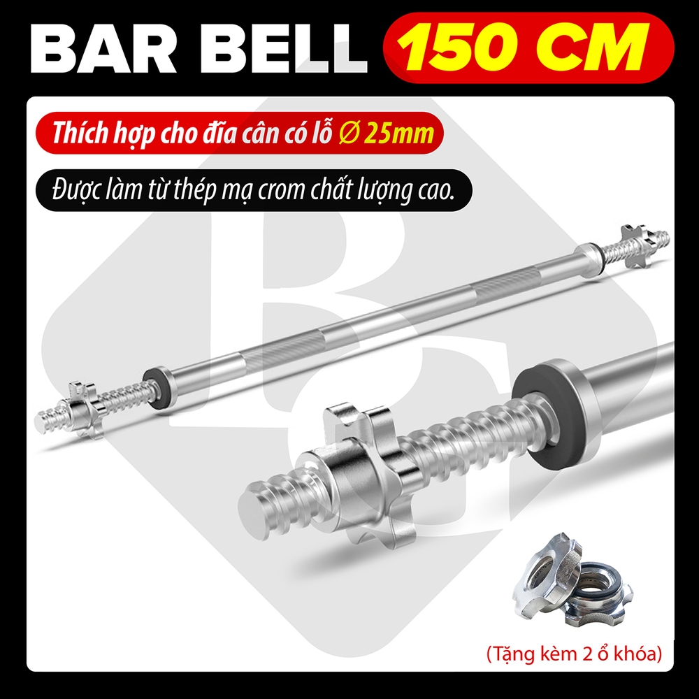 Ảnh BG - Dài 1.5m,phù hợp với bánh tạ phi 25-50mm Thanh đòn , tạ đòn thép đặc mạ crom chất lượng cao 1