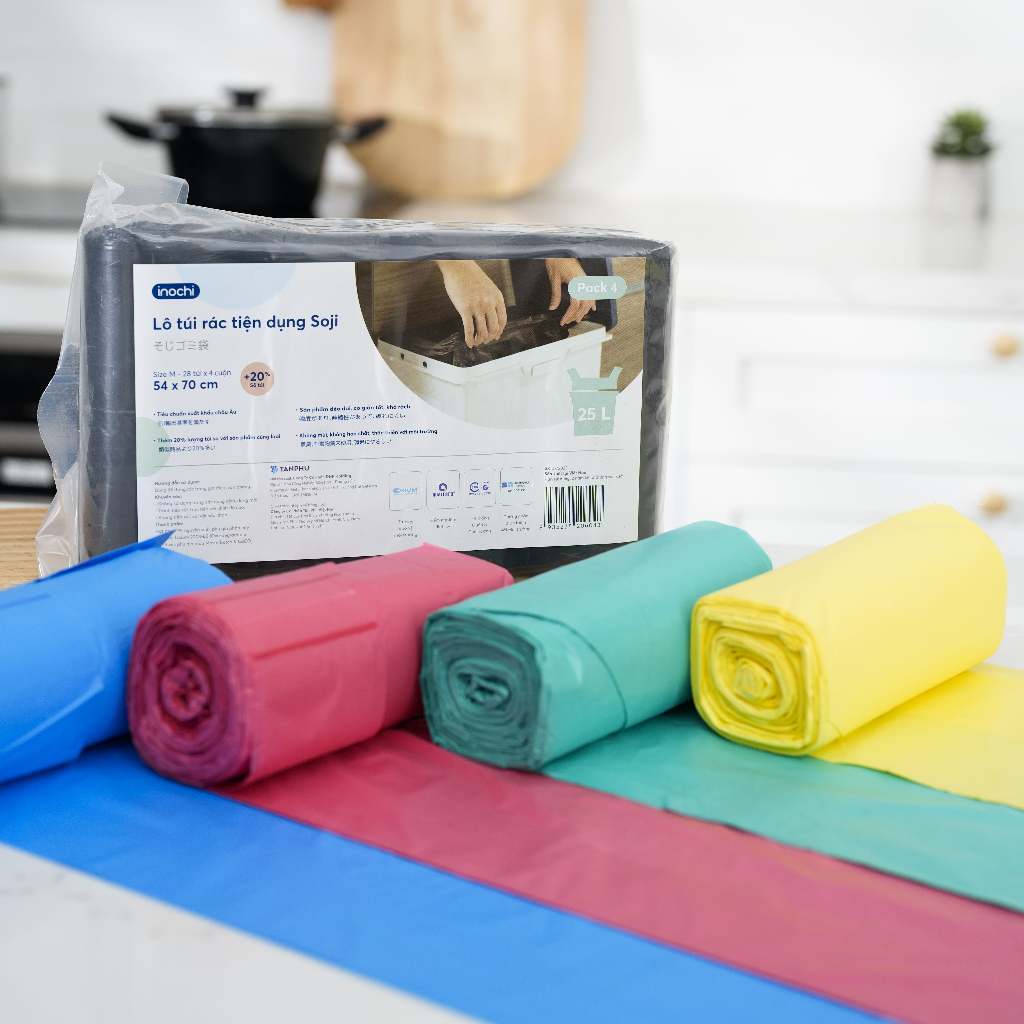 Ảnh Lô 4 cuộn 140 túi rác tự hủy inochi, thiết kế quai xách tiện lợi, tự hủy sinh học không mùi hôi. Túi rác ngăn mùi hôi 3