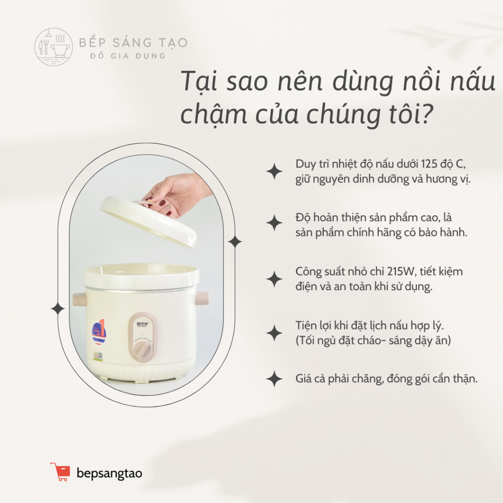 Nồi Nấu Chậm Bennix BN-68KC Hầm Cháo Cho Bé, Hầm Gà, Kho Cá, Bảo hành Chính Hãng 24 Tháng