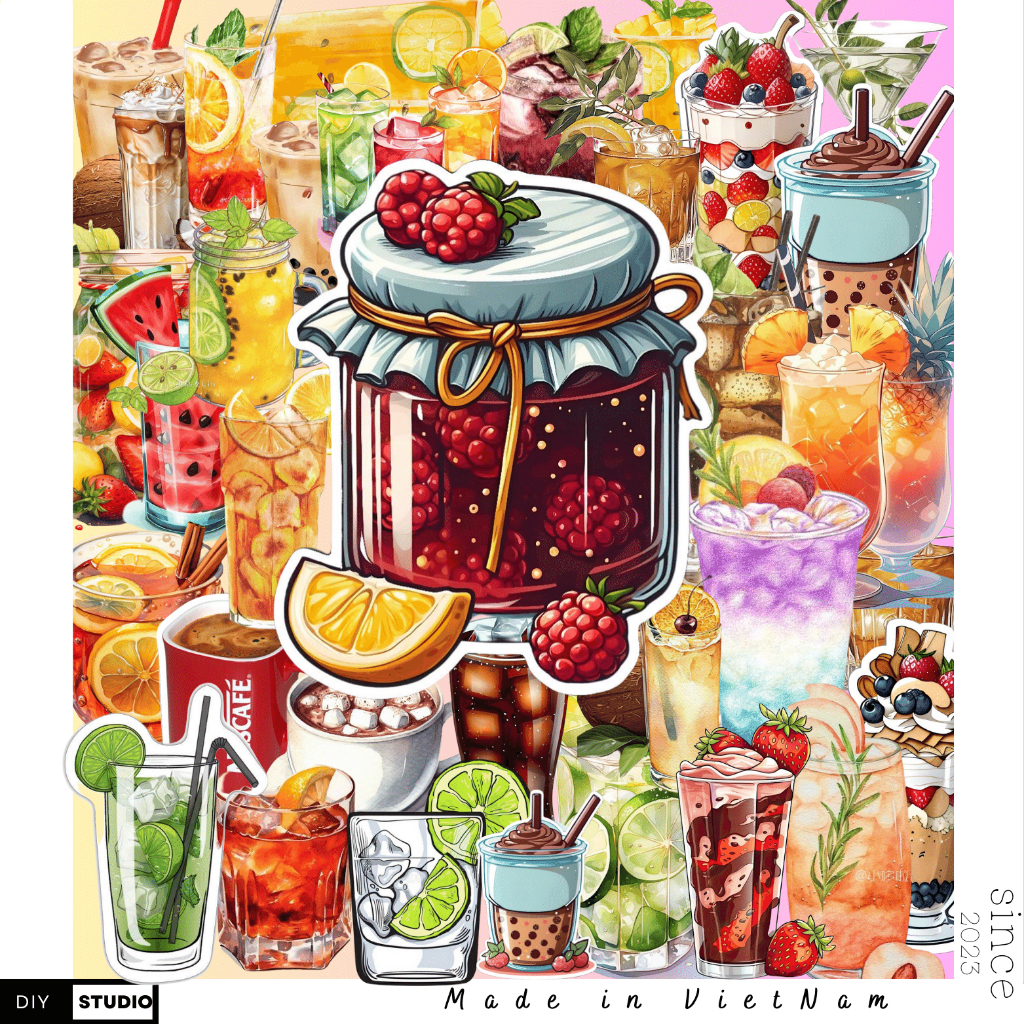 60 sticker Những món ăn và ly nước siêu dễ thương  trang trí sổ tay note book laptop mũ bảo hiểm chống nước tốt