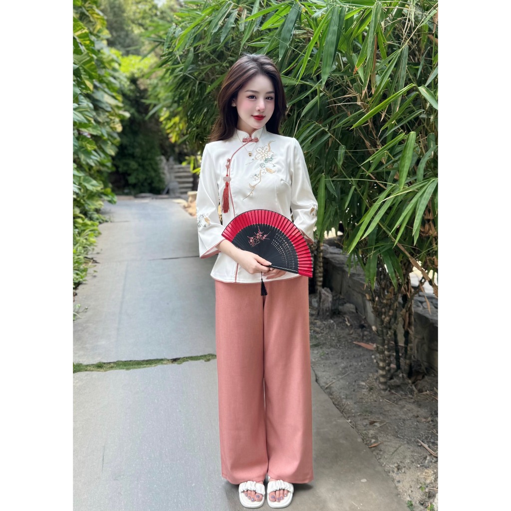 Set đồ đi chùa cổ tàu đũi thái kèm dây ngọc Pháp phục lễ chùa tay lỡ khuy chéo Set đồ lam đi lễ Sang trọng