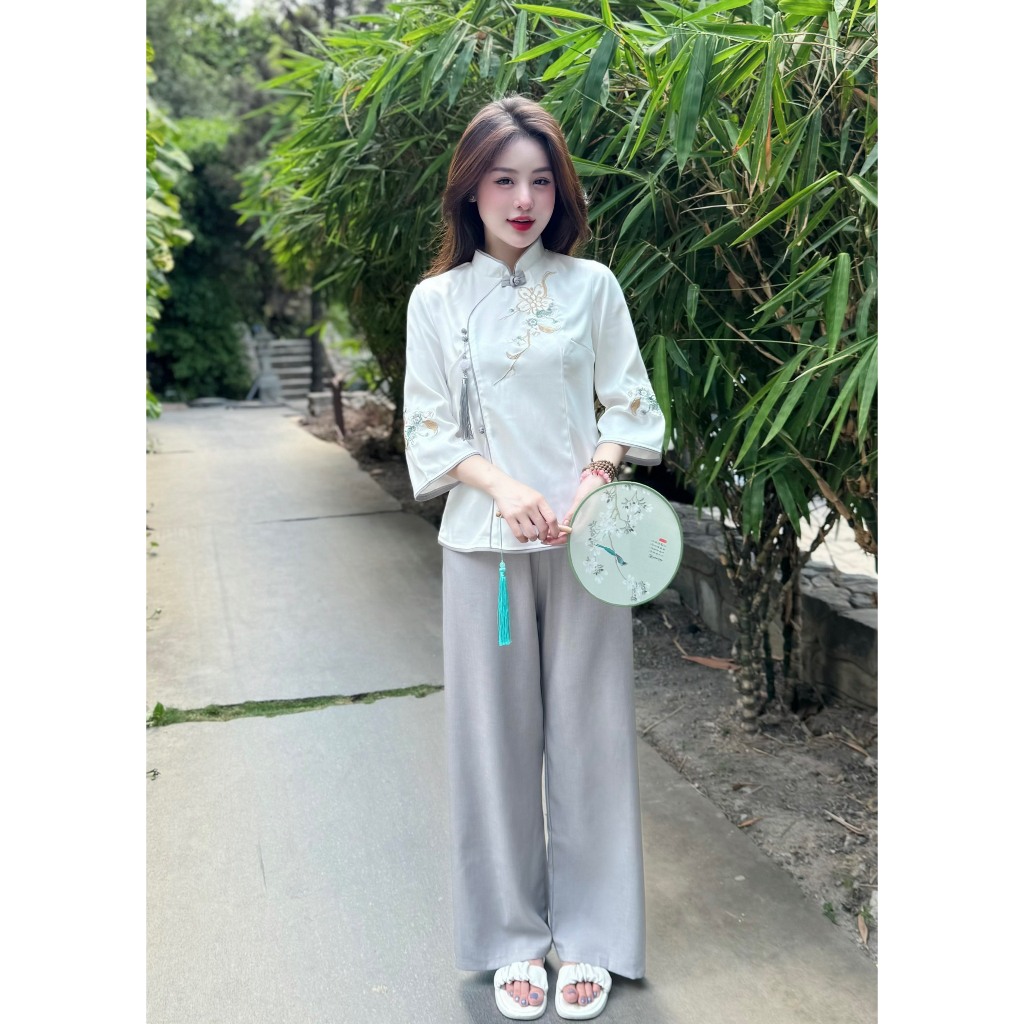 Set đồ đi chùa cổ tàu đũi thái kèm dây ngọc Pháp phục lễ chùa tay lỡ khuy chéo Set đồ lam đi lễ Sang trọng
