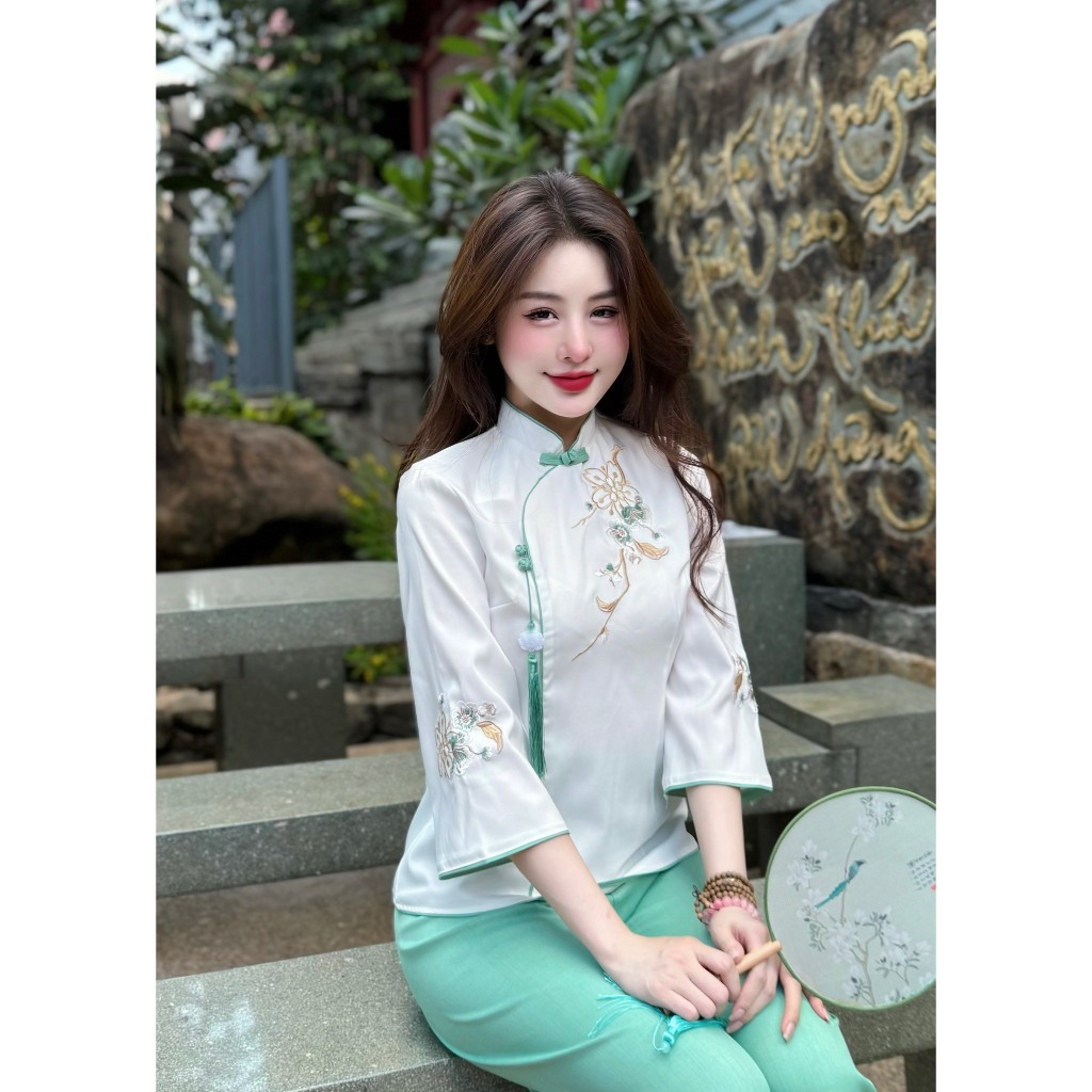 Set đồ đi chùa cổ tàu đũi thái kèm dây ngọc Pháp phục lễ chùa tay lỡ khuy chéo Set đồ lam đi lễ Sang trọng