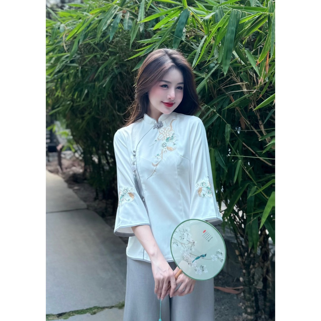 Set đồ đi chùa cổ tàu đũi thái kèm dây ngọc Pháp phục lễ chùa tay lỡ khuy chéo Set đồ lam đi lễ Sang trọng