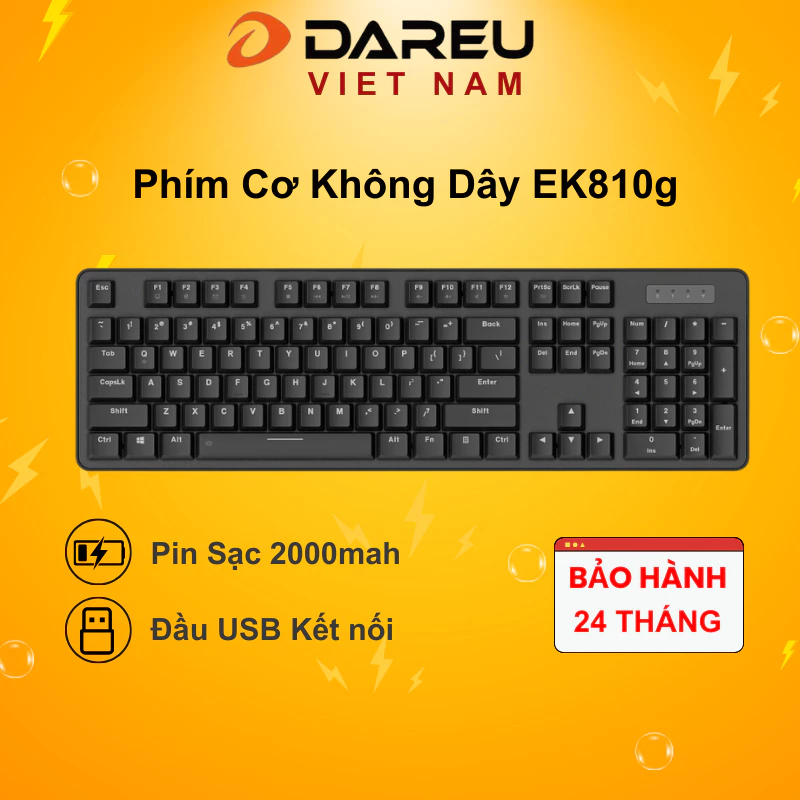Bàn phím cơ không dây DAREU EK810G BLACK 104-KEYS (Blue/ Brown/ RedD switch)-Pin Sạc 2000mah