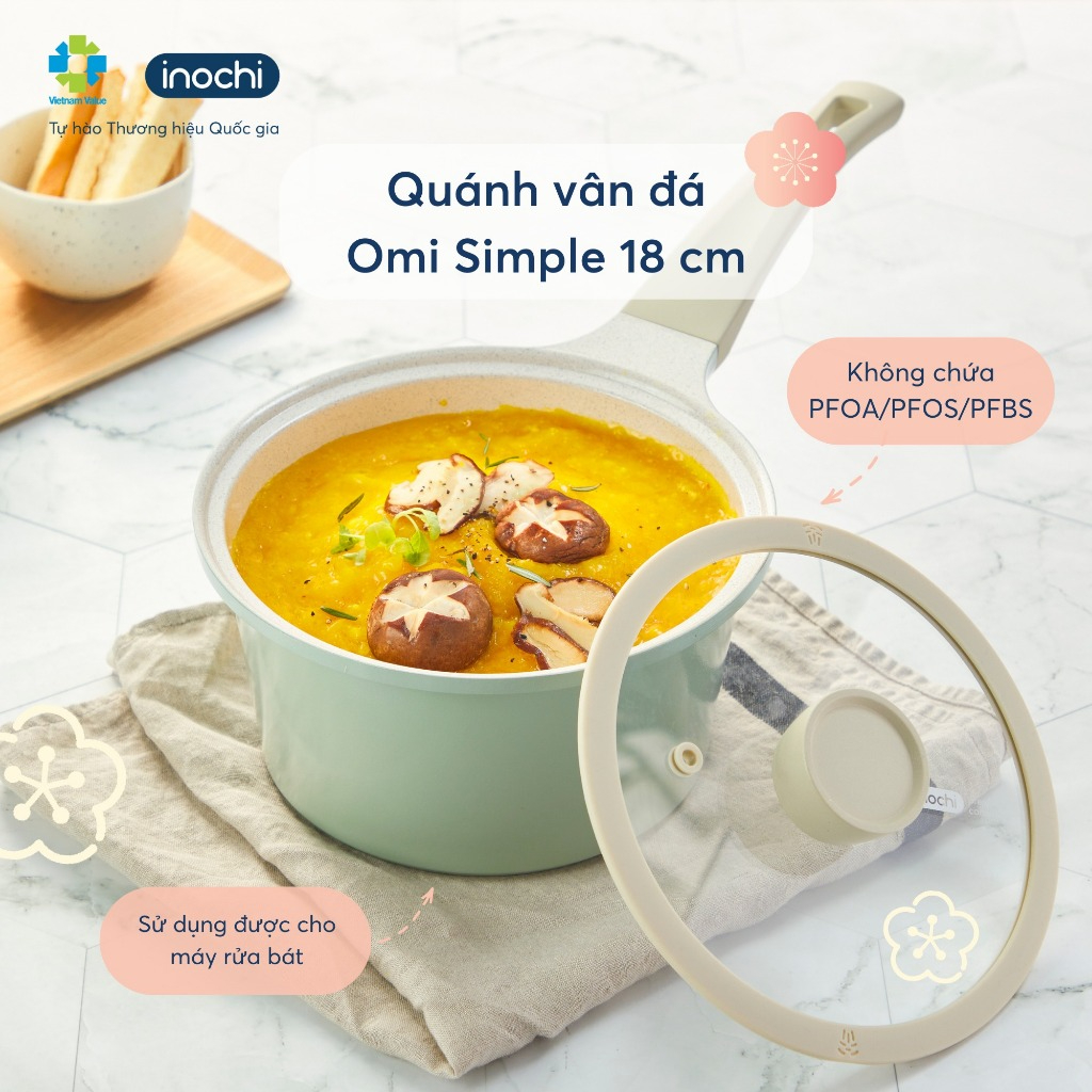 Quánh vân đá Omi Simple Inochi 18cm có nắp đậy, lớp chống dính cao cấp, kháng khuẩn 99.9%, phù hợp mọi loại bếp