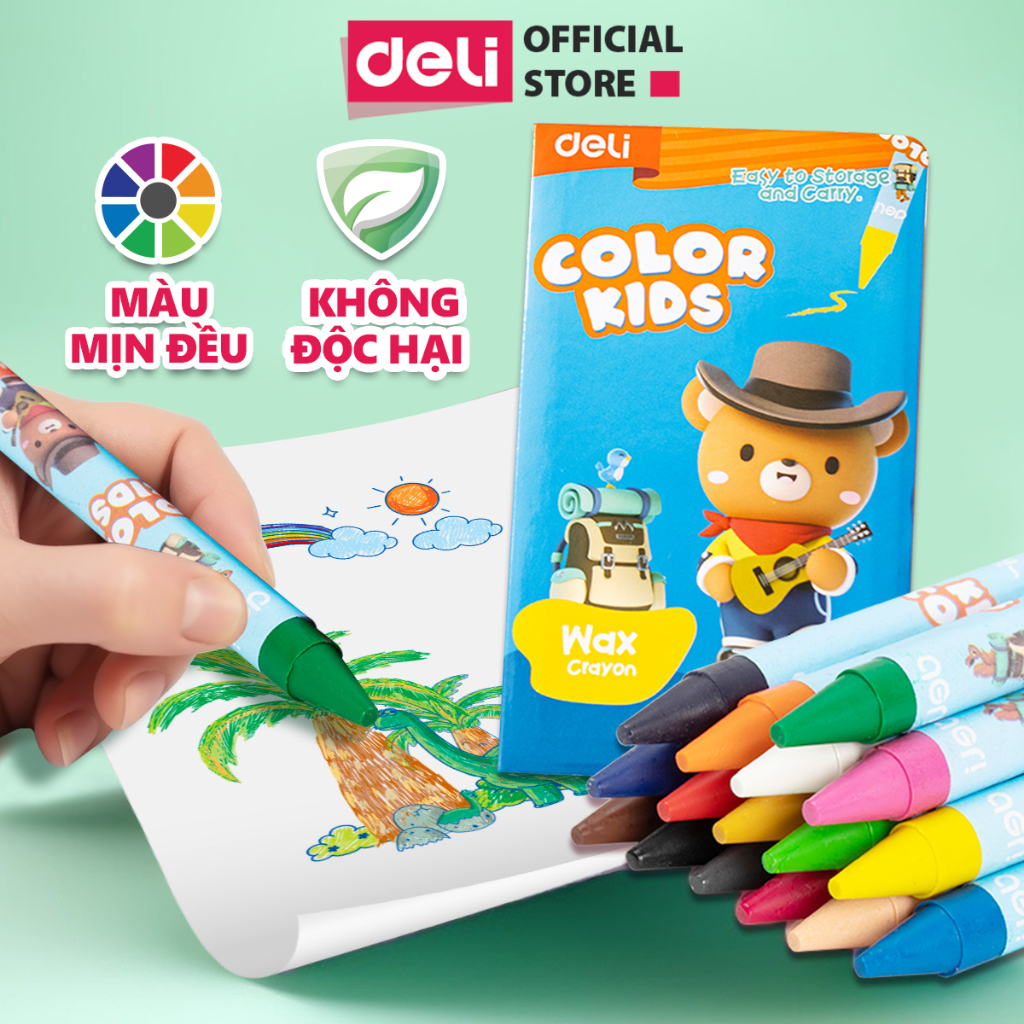[TRỢ GI] Bút sáp màu Colorkids Deli - Hộp màu sáp học sinh 10 màu, tng kích thước bút, không ước hại, tô màu cho bé