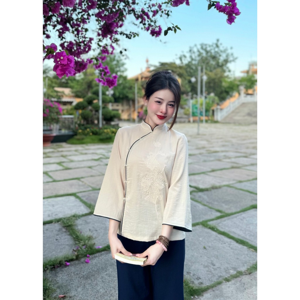 Đồ bộ đi chùa cổ tàu vải đũi Pháp phục lễ chùa khuy chéo cúc ngọc Đồ lam nữ thêu hoa đũi mềm đi tu tập, lễ chùa