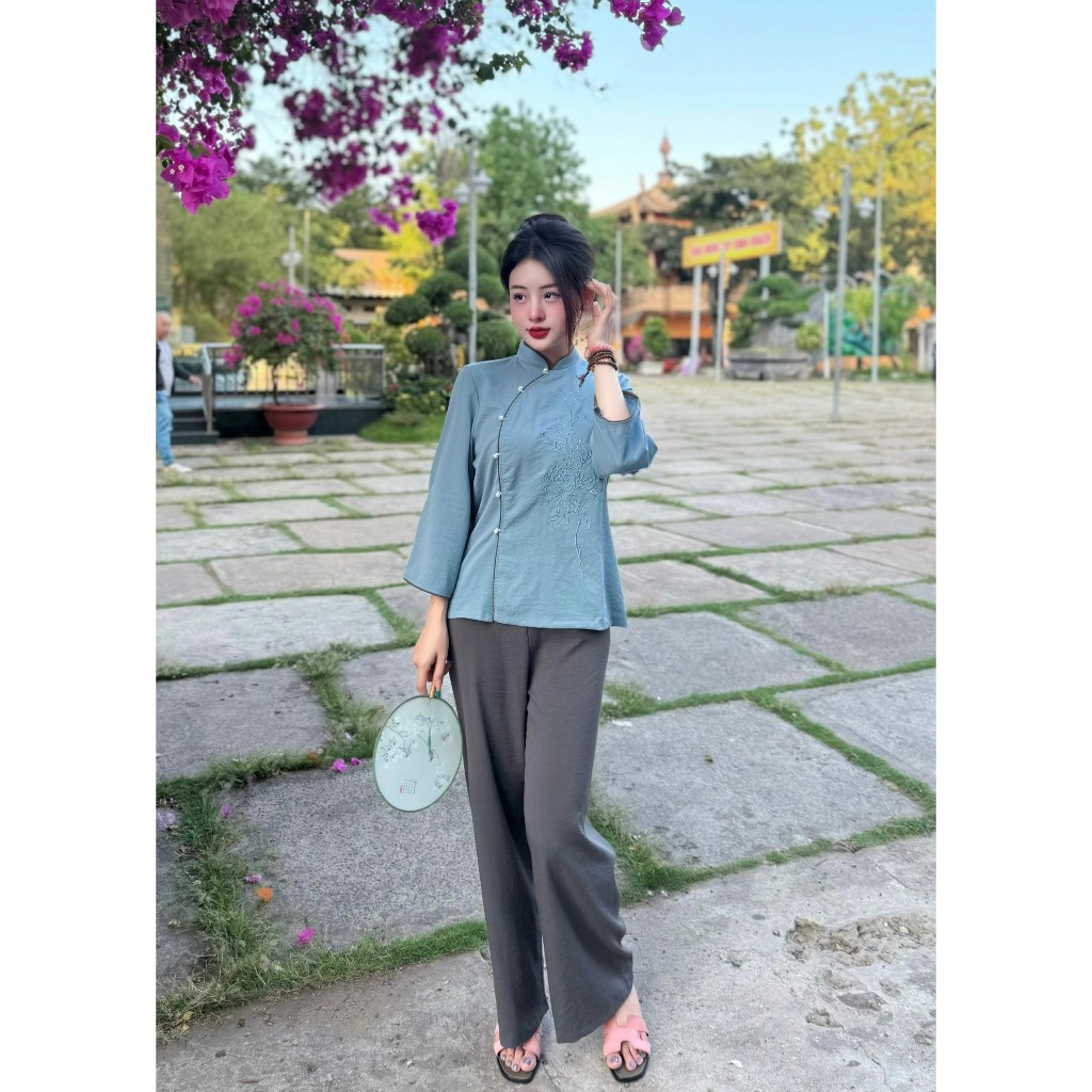 Đồ bộ đi chùa cổ tàu vải đũi Pháp phục lễ chùa khuy chéo cúc ngọc Đồ lam nữ thêu hoa đũi mềm đi tu tập, lễ chùa