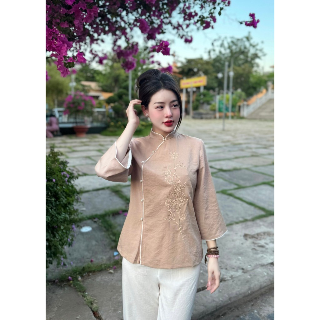 Đồ bộ đi chùa cổ tàu vải đũi Pháp phục lễ chùa khuy chéo cúc ngọc Đồ lam nữ thêu hoa đũi mềm đi tu tập, lễ chùa