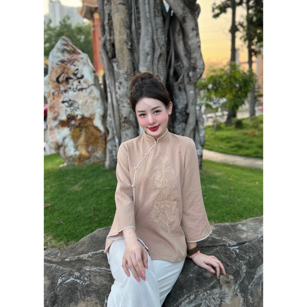 Đồ bộ đi chùa cổ tàu vải đũi Pháp phục lễ chùa khuy chéo cúc ngọc Đồ lam nữ thêu hoa đũi mềm đi tu tập, lễ chùa