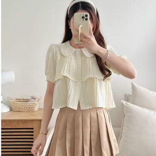 Áo sơ mi NHỎ CLOTHING bigsize nữ 2 tầng tay ngắn phồng nhẹ tà cổ bẻ viền bèo xinh xắn mềm mịn 50-95kg SM163