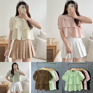 Áo sơ mi NHỎ CLOTHING bigsize nữ 2 tầng tay ngắn phồng nhẹ tà cổ bẻ viền bèo xinh xắn mềm mịn 50-95kg SM163