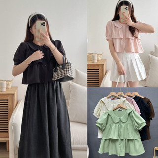 Áo sơ mi NHỎ CLOTHING bigsize nữ 2 tầng tay ngắn phồng nhẹ tà cổ bẻ viền bèo xinh xắn mềm mịn 50-95kg SM163
