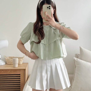 Áo sơ mi NHỎ CLOTHING bigsize nữ 2 tầng tay ngắn phồng nhẹ tà cổ bẻ viền bèo xinh xắn mềm mịn 50-95kg SM163