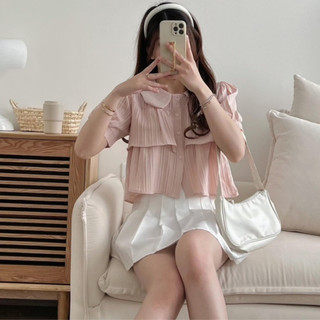 Áo sơ mi NHỎ CLOTHING bigsize nữ 2 tầng tay ngắn phồng nhẹ tà cổ bẻ viền bèo xinh xắn mềm mịn 50-95kg SM163
