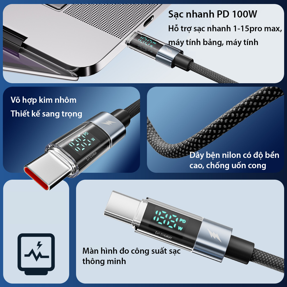 Dây cáp sạc nhanh Phone 100W Type C - Basemo - Có đèn LED đo công suất sạc - Dây dù bện 1 mét