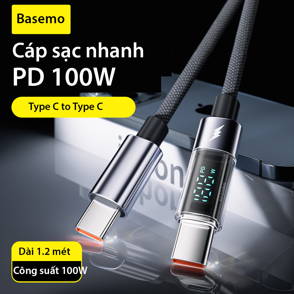 Dây cáp sạc nhanh Phone 100W Type C - Basemo - Có đèn LED đo công suất sạc - Dây dù bện 1 mét