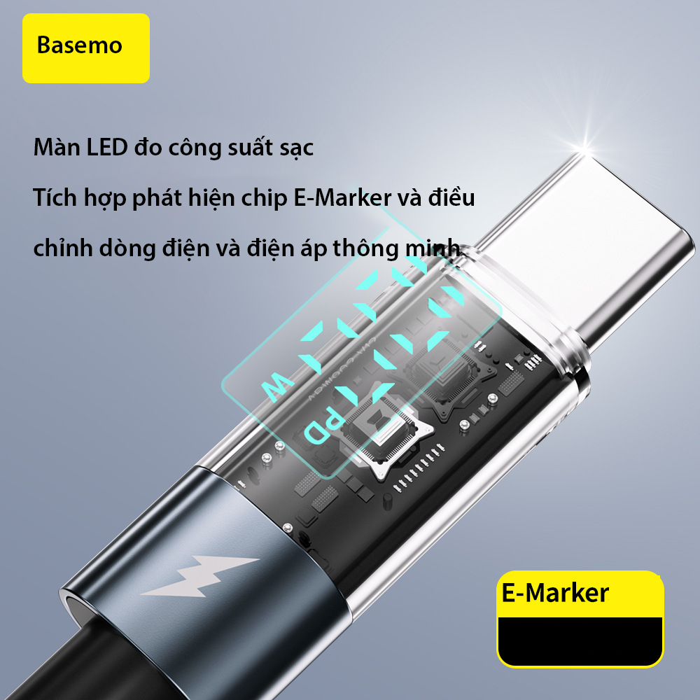 Dây cáp sạc nhanh Phone 100W Type C - Basemo - Có đèn LED đo công suất sạc - Dây dù bện 1 mét