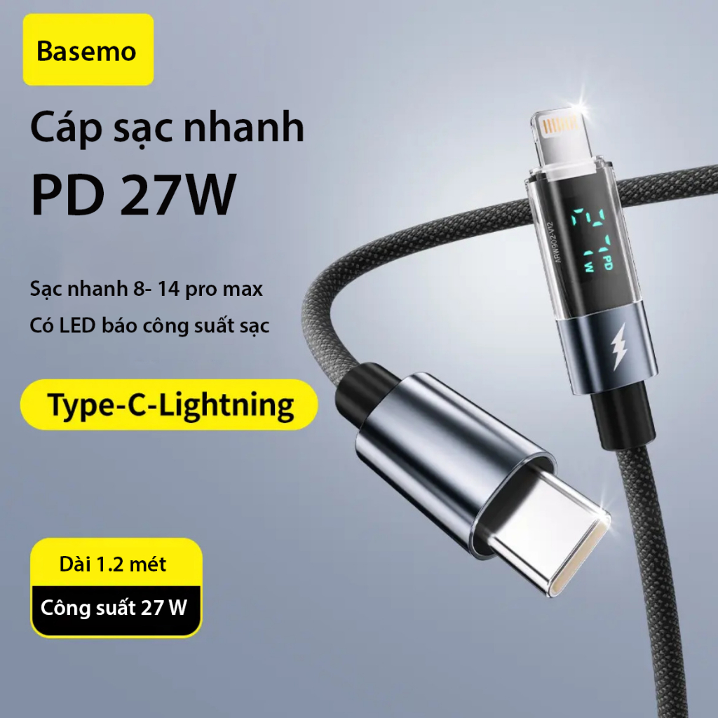 Dây cáp sạc nhanh Phone 100W Type C - Basemo - Có đèn LED đo công suất sạc - Dây dù bện 1 mét