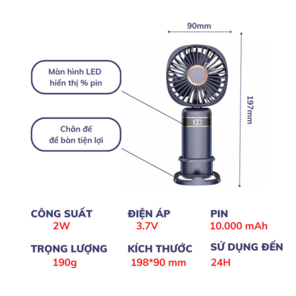 Quạt cầm tay mini tích điện dung lượng pin 10.000 mAh quạt mini 5 tốc độ gió linh hoạt - K209